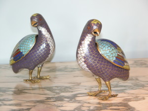 A pair of cloisonné incense burners in the form of quails. 